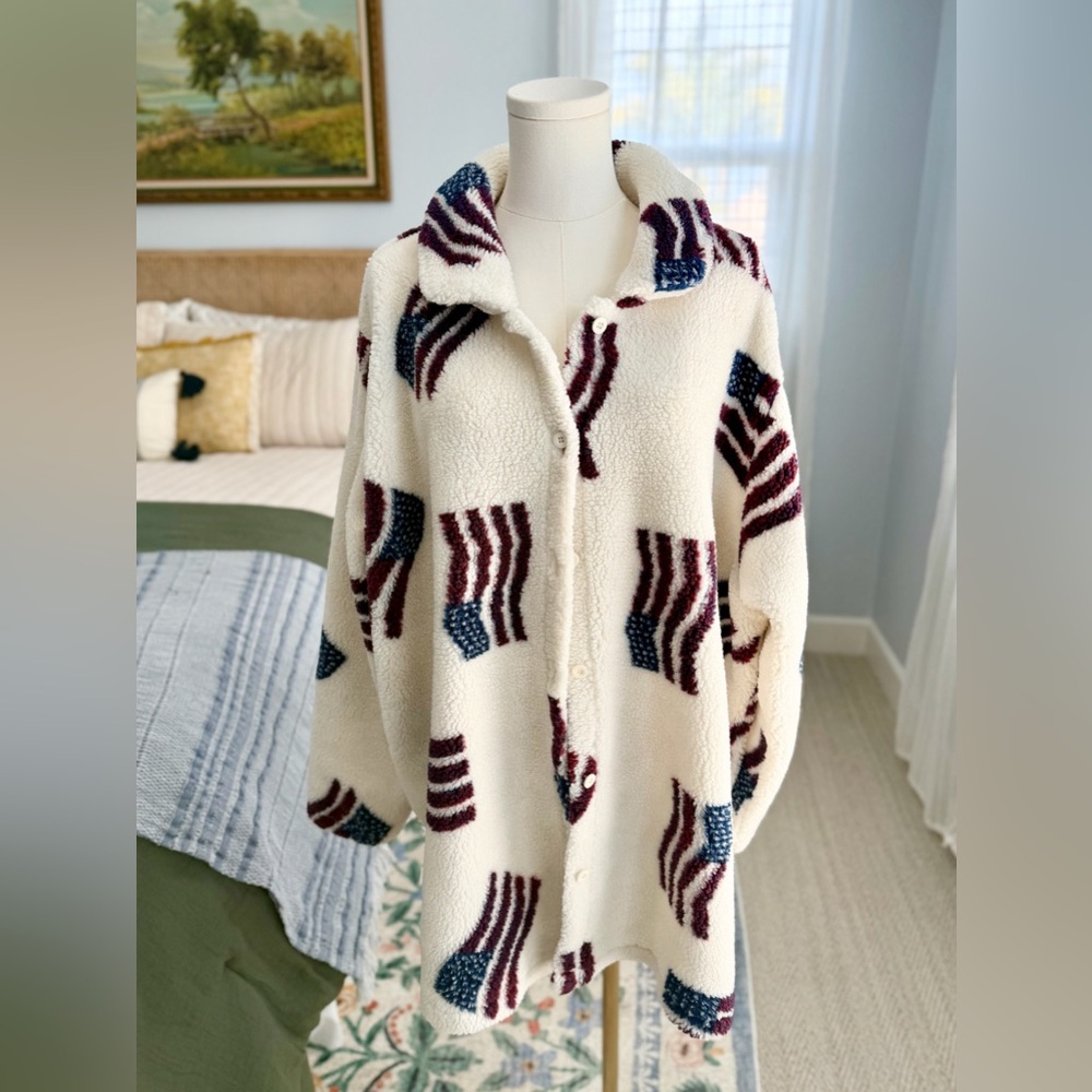 Vintage American Flag Fleece Button Up Jacket L